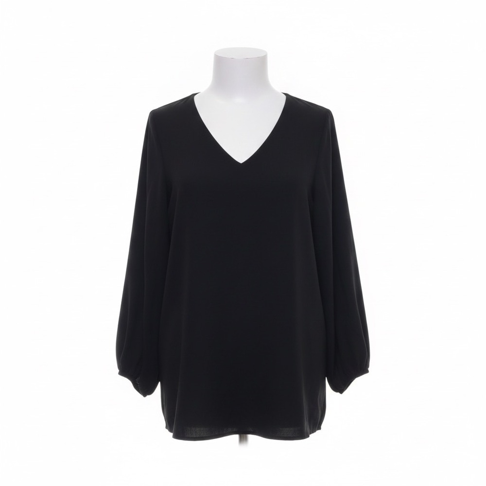 Belongsci Blouse Large Black V-Neck Balloon Sleeve Minimalist Goth Dark Academia